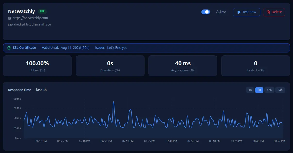 NetWatchly dashboard showing monitor status and response time chart